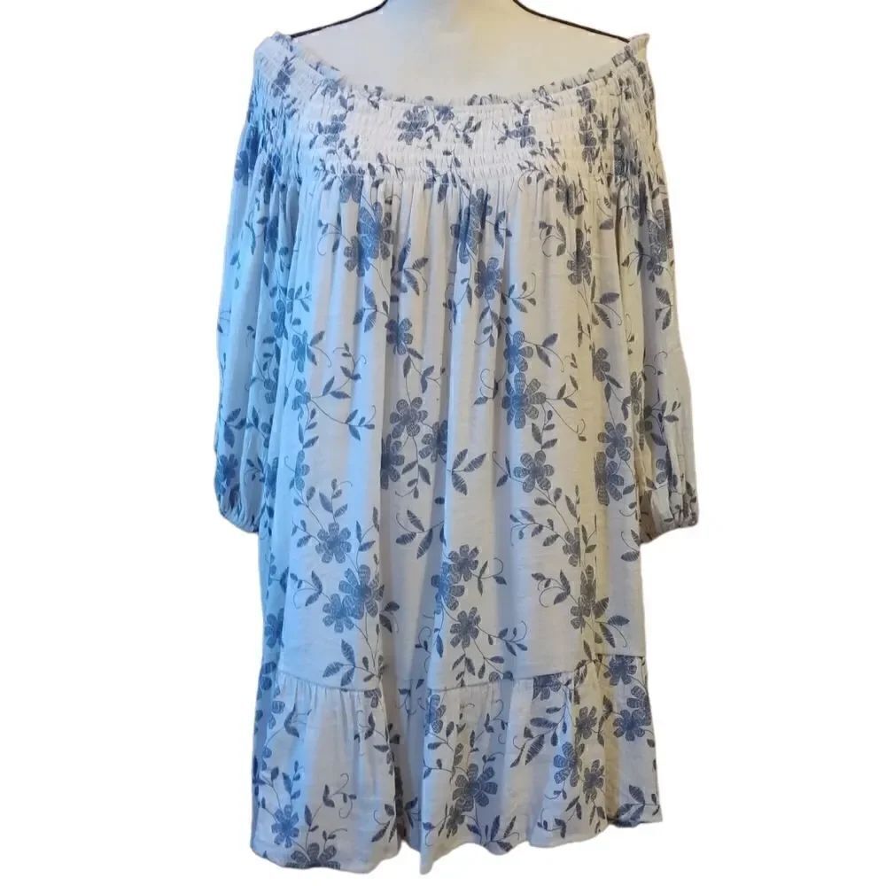 BaeVely smocked floral babydoll off the shoulder dress tunic size M